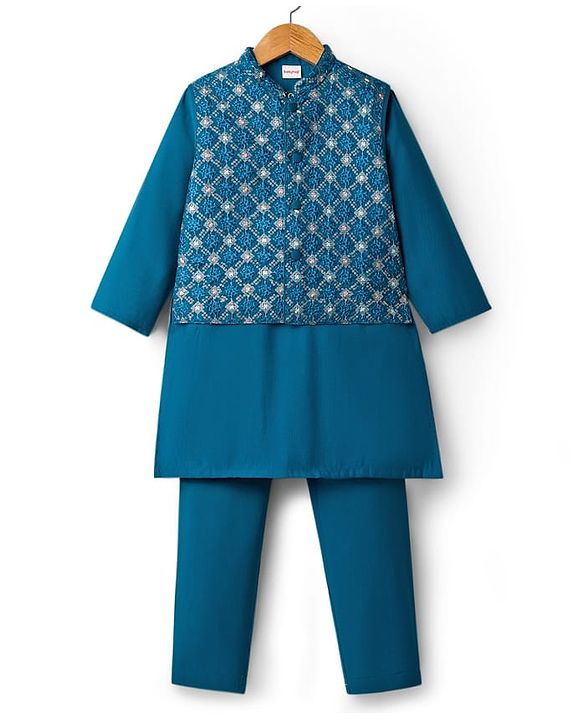 Babyhug Woven Full Sleeves Kurta Pajama Set with Jacket Embroidery & Sequin Detailing - Teal Blue