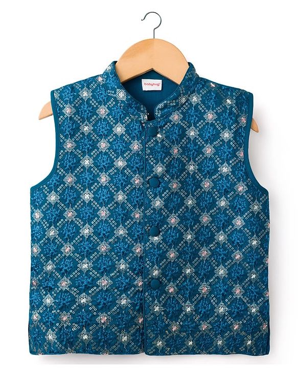 Babyhug Woven Full Sleeves Kurta Pajama Set with Jacket Embroidery & Sequin Detailing - Teal Blue