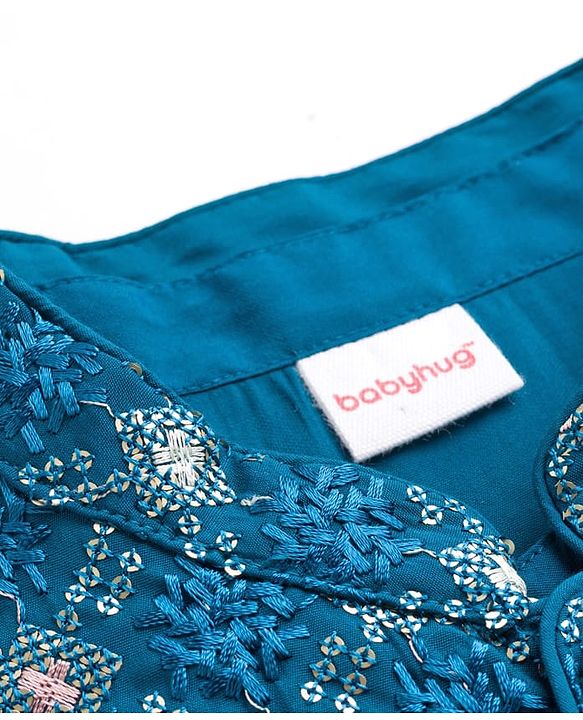 Babyhug Woven Full Sleeves Kurta Pajama Set with Jacket Embroidery & Sequin Detailing - Teal Blue