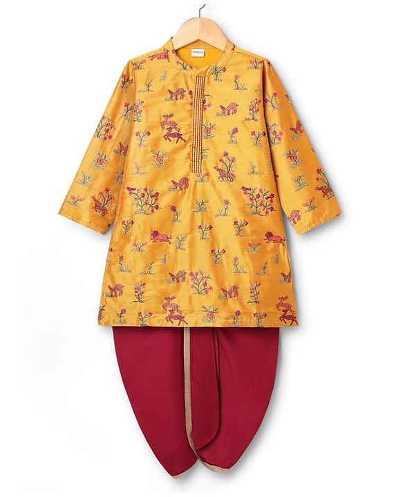 Babyhug Cotton Woven Full Sleeves Deer & Floral Embroidered Kurta Dhoti Set - Mustard