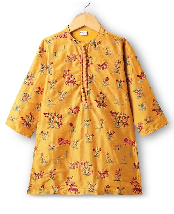 Babyhug Cotton Woven Full Sleeves Deer & Floral Embroidered Kurta Dhoti Set - Mustard