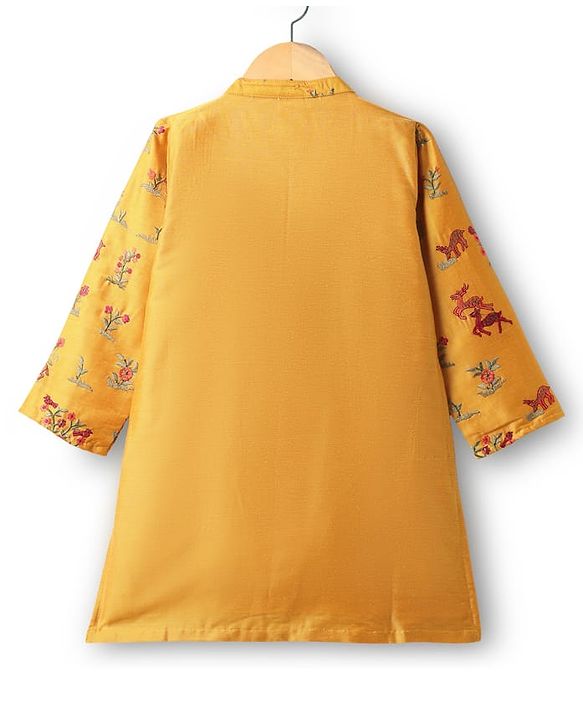 Babyhug Cotton Woven Full Sleeves Deer & Floral Embroidered Kurta Dhoti Set - Mustard