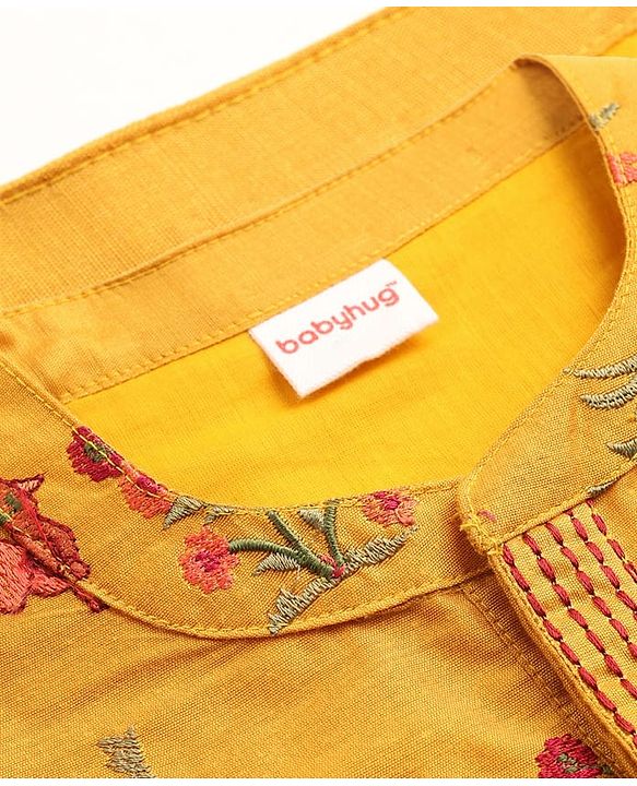 Babyhug Cotton Woven Full Sleeves Deer & Floral Embroidered Kurta Dhoti Set - Mustard