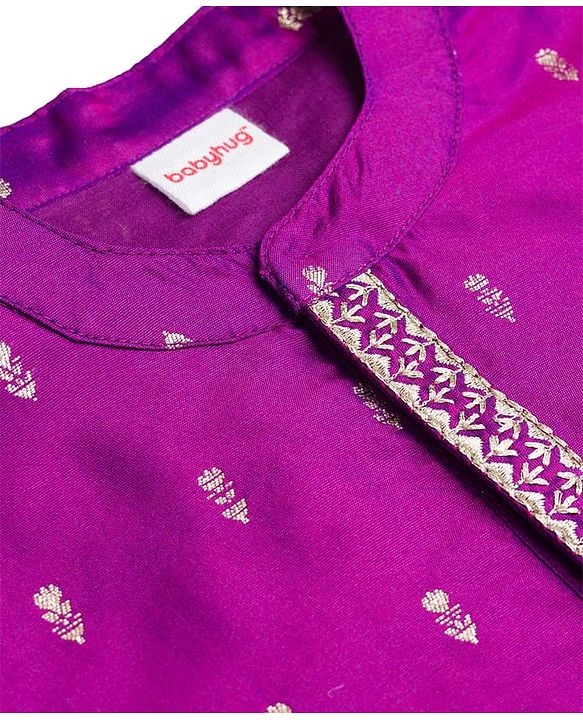 Babyhug Woven Full Sleeves Kurta Pajama Set with Floral Foil Print - Purple