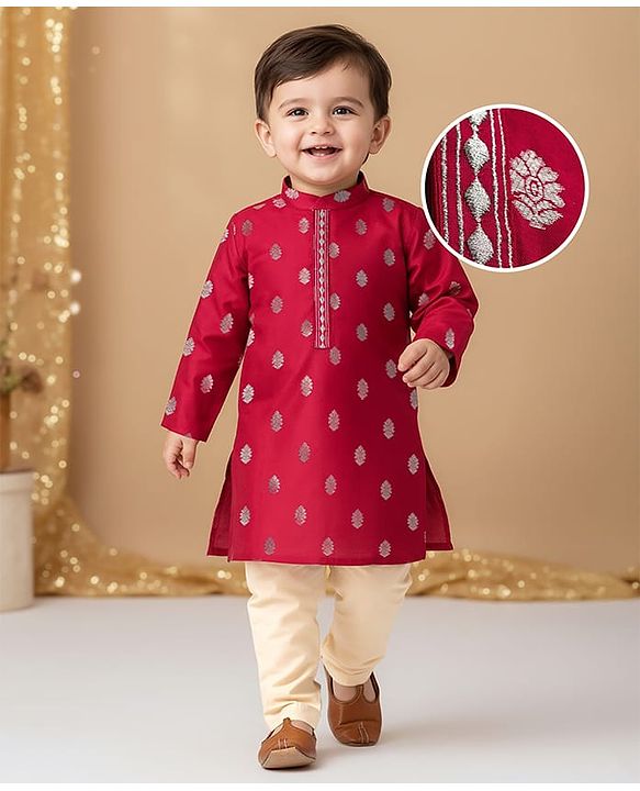 Babyhug Brocade Woven Full Sleeves Kurta Pajama Set with Motif Embroidery - Maroon