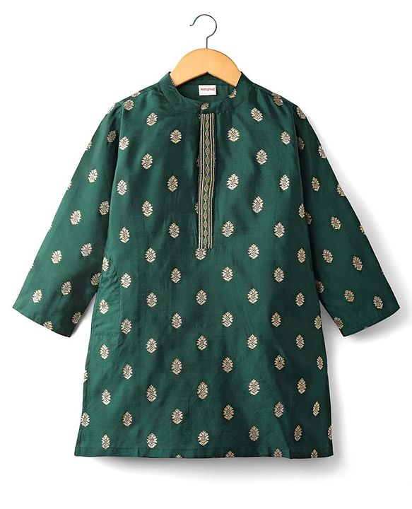 Babyhug Brocade Woven Full Sleeves Kurta Pajama Set With Floral Print - Dark Green