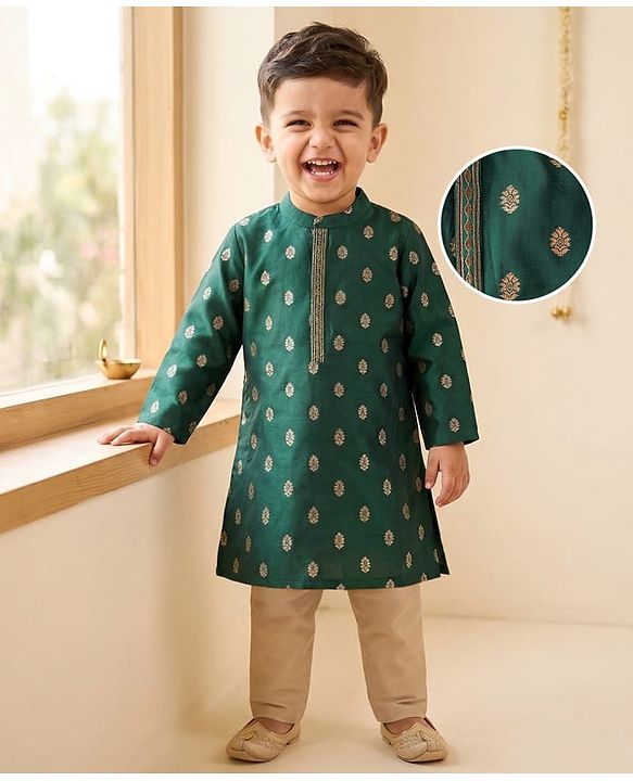 Babyhug Brocade Woven Full Sleeves Kurta Pajama Set With Floral Print - Dark Green