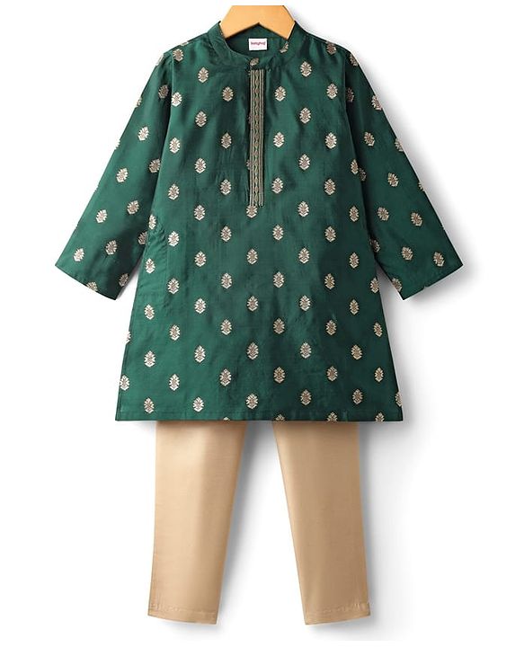Babyhug Brocade Woven Full Sleeves Kurta Pajama Set With Floral Print - Dark Green