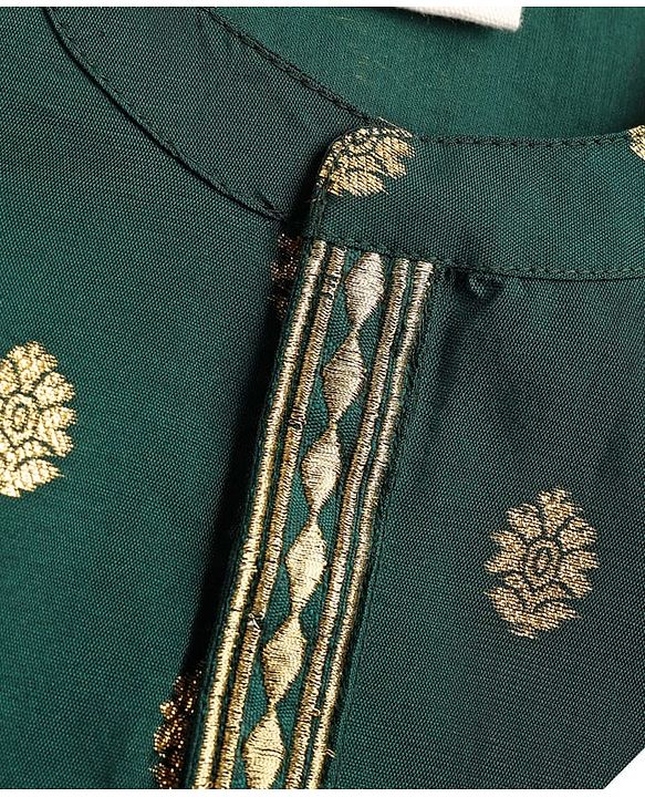 Babyhug Brocade Woven Full Sleeves Kurta Pajama Set With Floral Print - Dark Green