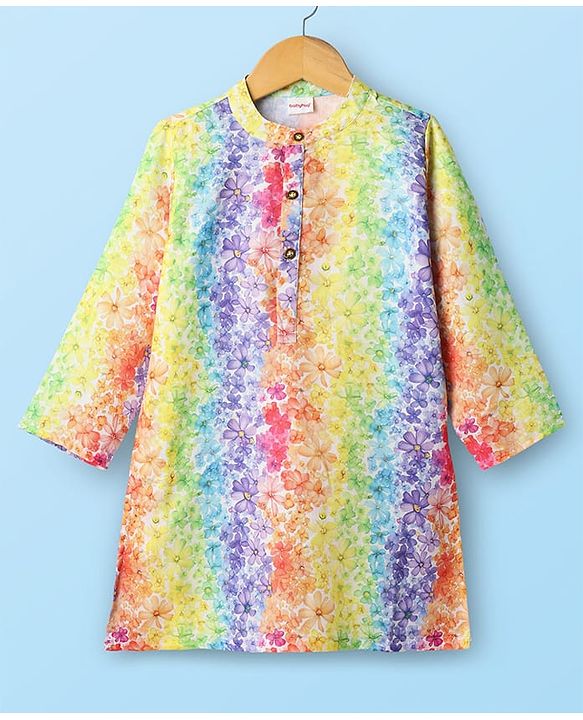 Babyhug Woven Full Sleeves Kurta Pajama Set With Floral Print - Multicolour