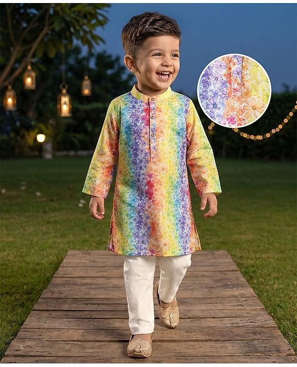 Babyhug Woven Full Sleeves Kurta Pajama Set With Floral Print - Multicolour