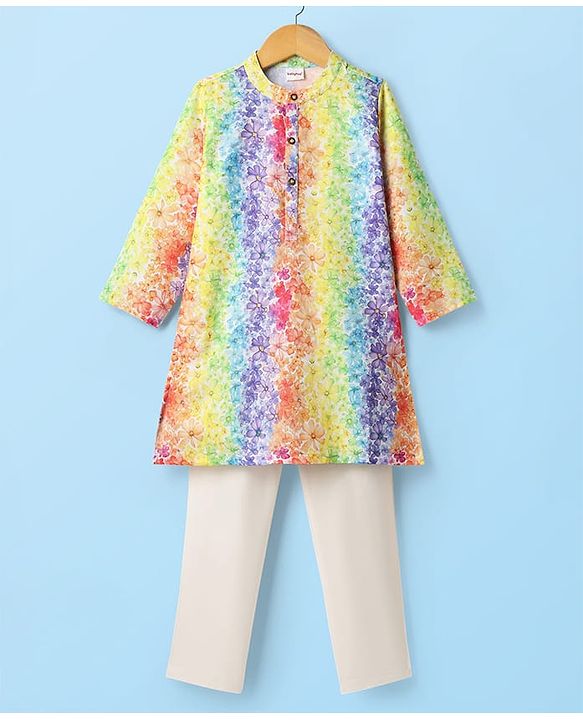 Babyhug Woven Full Sleeves Kurta Pajama Set With Floral Print - Multicolour