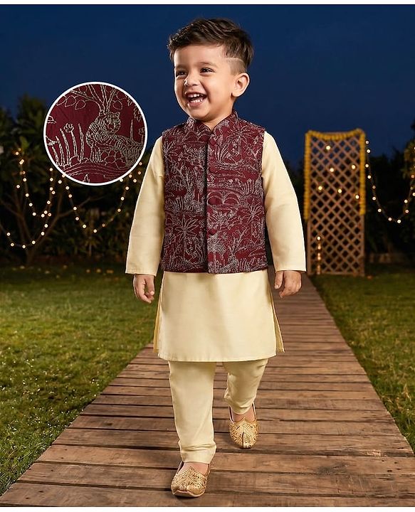 Babyhug Cotton Woven Full Sleeves Kurta Pajama Set With Embroidered Jacket - Beige