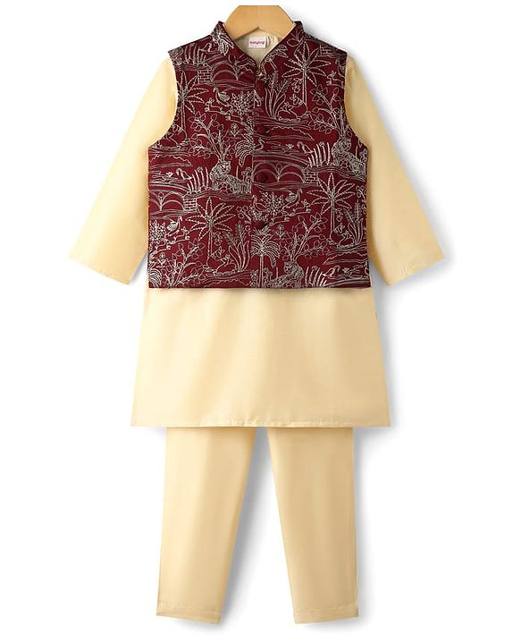Babyhug Cotton Woven Full Sleeves Kurta Pajama Set With Embroidered Jacket - Beige