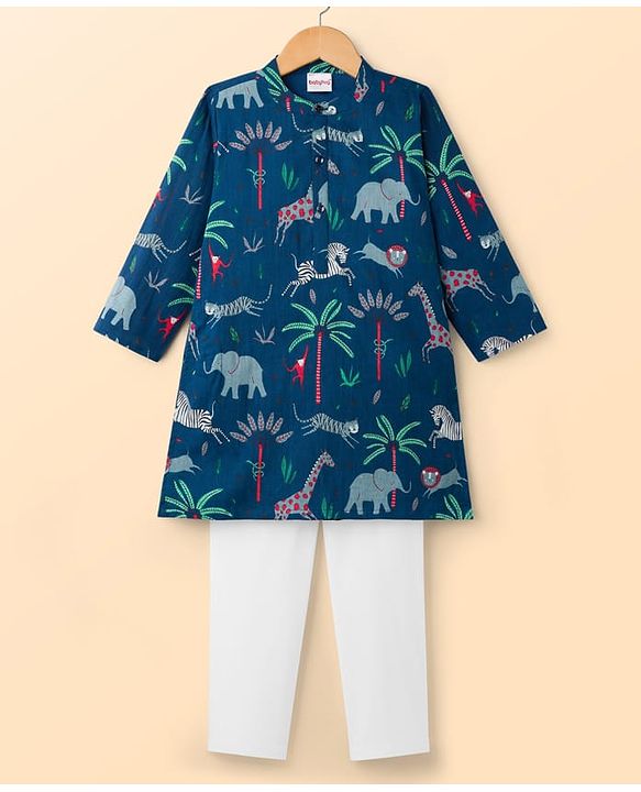 Babyhug Cambric Woven Full Sleeves Kurta Pajama Set with Animal Print - Navy Blue