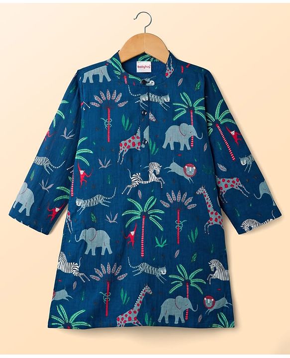 Babyhug Cambric Woven Full Sleeves Kurta Pajama Set with Animal Print - Navy Blue