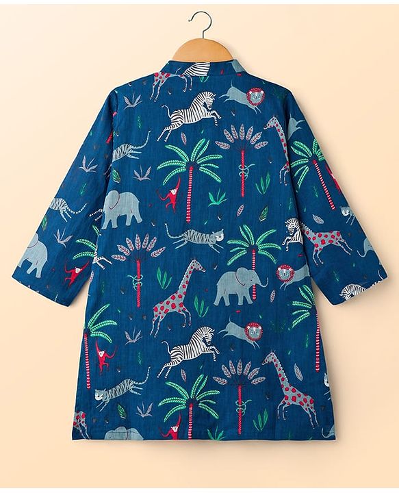 Babyhug Cambric Woven Full Sleeves Kurta Pajama Set with Animal Print - Navy Blue