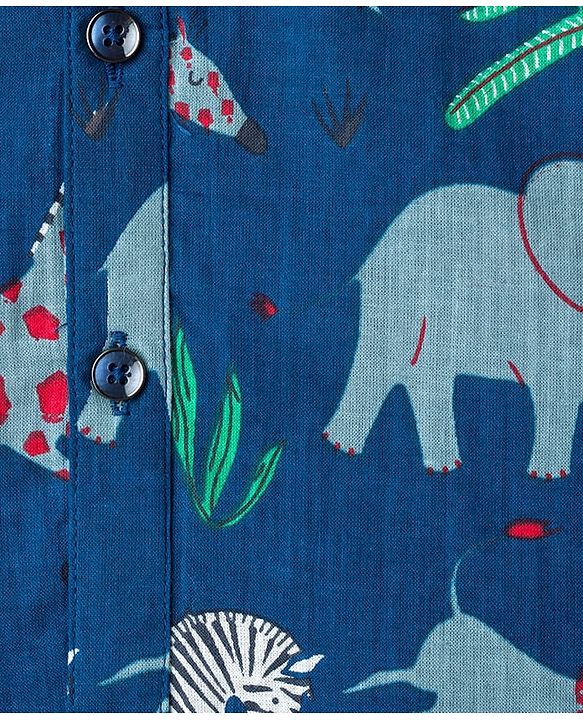 Babyhug Cambric Woven Full Sleeves Kurta Pajama Set with Animal Print - Navy Blue