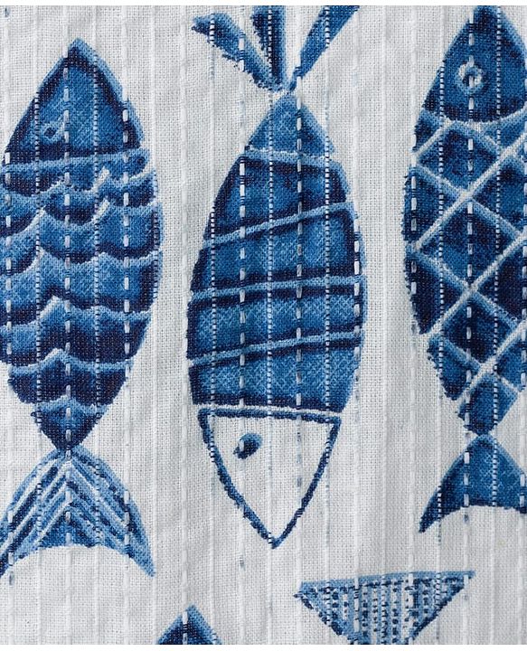 Babyhug Cambric Woven Full Sleeves Kurta Pajama Set with Fish Print - White & Blue