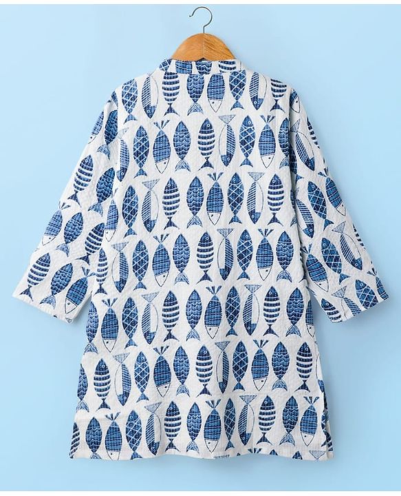 Babyhug Cambric Woven Full Sleeves Kurta Pajama Set with Fish Print - White & Blue