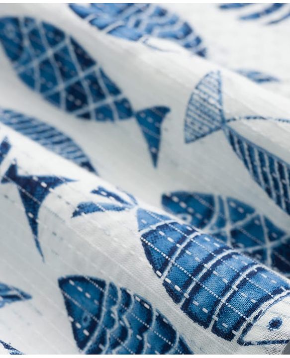 Babyhug Cambric Woven Full Sleeves Kurta Pajama Set with Fish Print - White & Blue