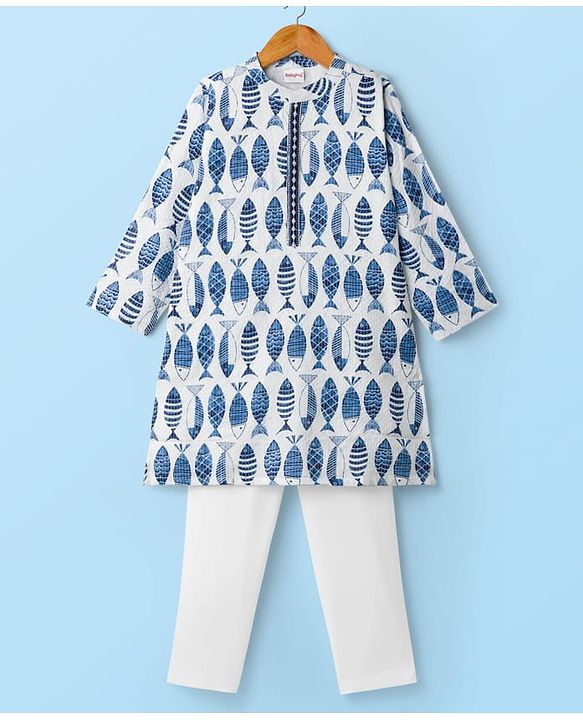 Babyhug Cambric Woven Full Sleeves Kurta Pajama Set with Fish Print - White & Blue