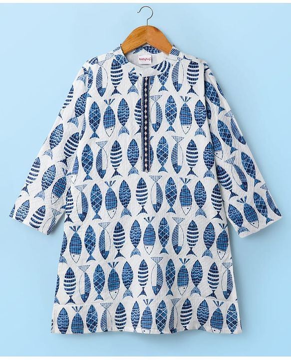Babyhug Cambric Woven Full Sleeves Kurta Pajama Set with Fish Print - White & Blue