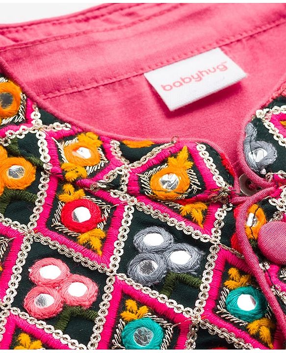 Babyhug Cotton Woven Full Sleeves Solid Kurta Pajama Set with Embroidered Nehru Jacket - Dark Pink
