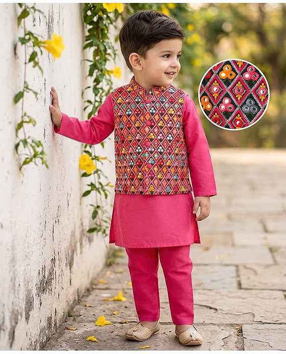 Babyhug Cotton Woven Full Sleeves Solid Kurta Pajama Set with Embroidered Nehru Jacket - Dark Pink
