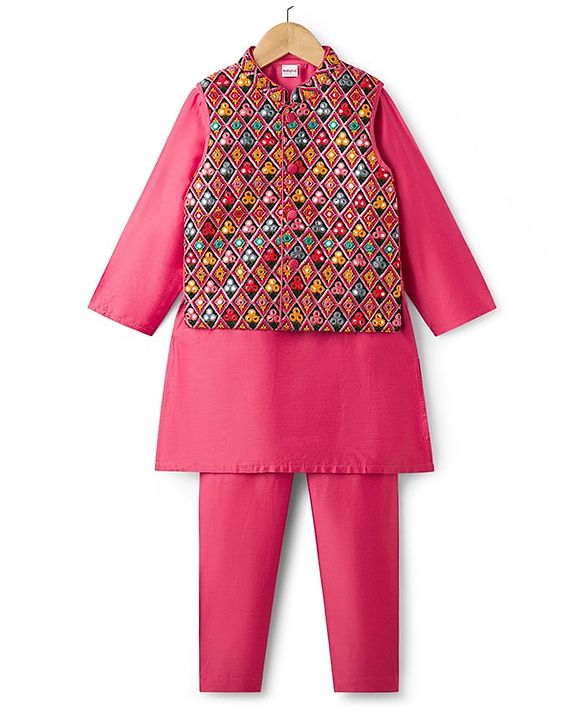 Babyhug Cotton Woven Full Sleeves Solid Kurta Pajama Set with Embroidered Nehru Jacket - Dark Pink