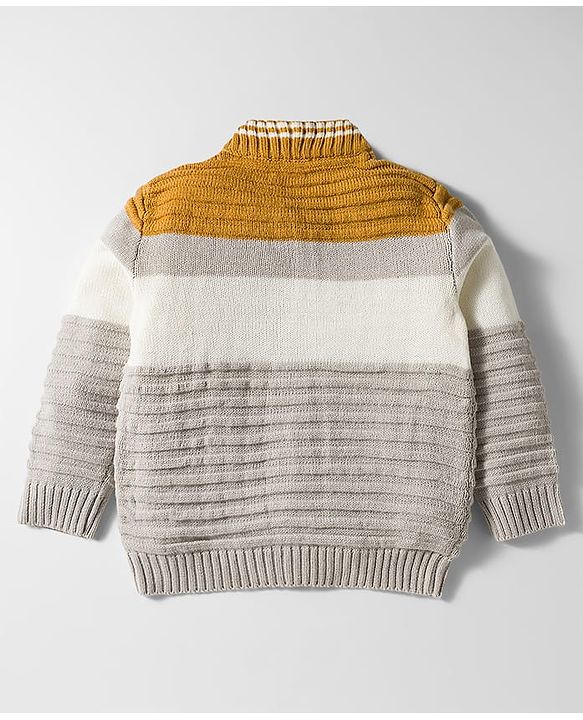 Babyhug Knit Full Sleeves Front Open Sweater with Patch Detailing & Color Block Design - Grey