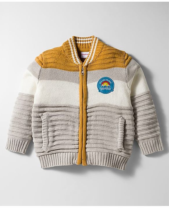 Babyhug Knit Full Sleeves Front Open Sweater with Patch Detailing & Color Block Design - Grey
