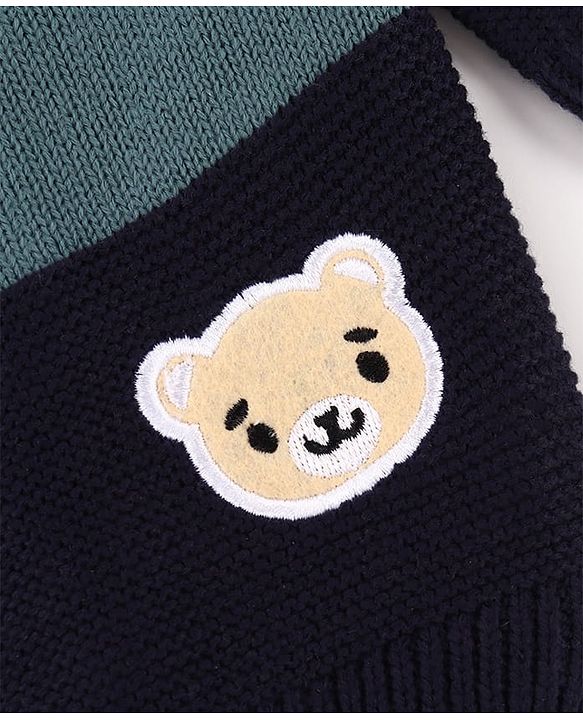 Babyhug Knit Full Sleeves Pullover Sweater with Stripe Design & Animal Patch Embroidery - Navy Blue Beige & Blue