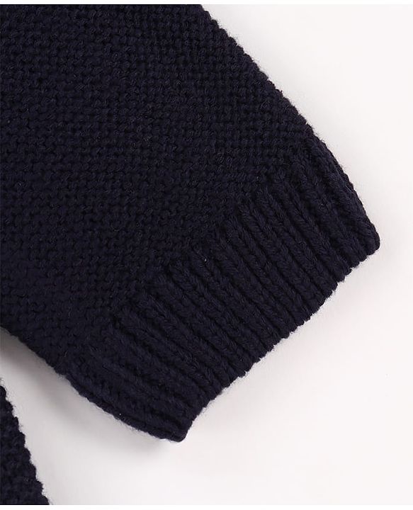 Babyhug Knit Full Sleeves Pullover Sweater with Stripe Design & Animal Patch Embroidery - Navy Blue Beige & Blue