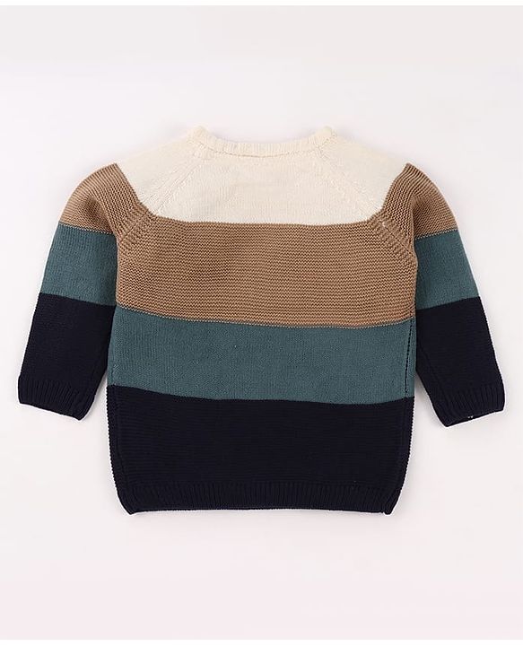 Babyhug Knit Full Sleeves Pullover Sweater with Stripe Design & Animal Patch Embroidery - Navy Blue Beige & Blue
