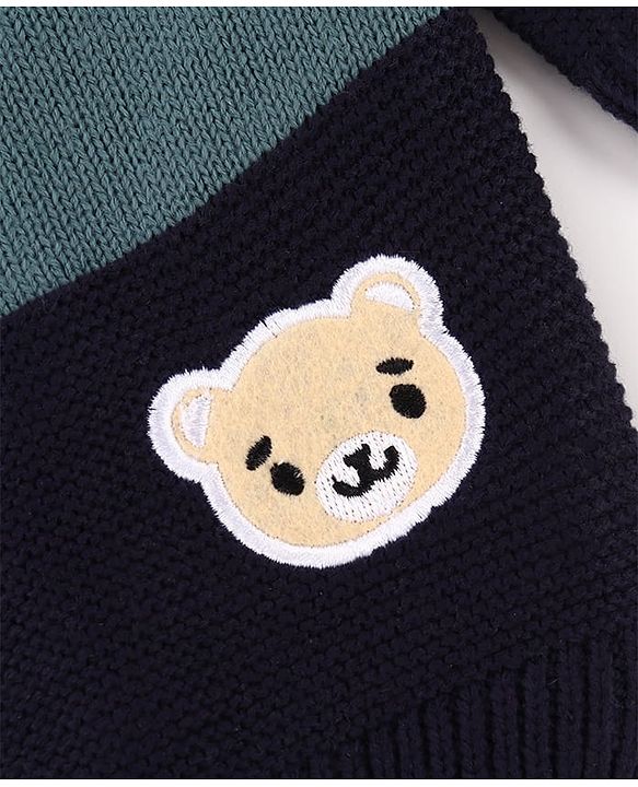 Babyhug Knit Full Sleeves Pullover Sweater with Stripe Design & Animal Patch Embroidery - Navy Blue Beige & Blue