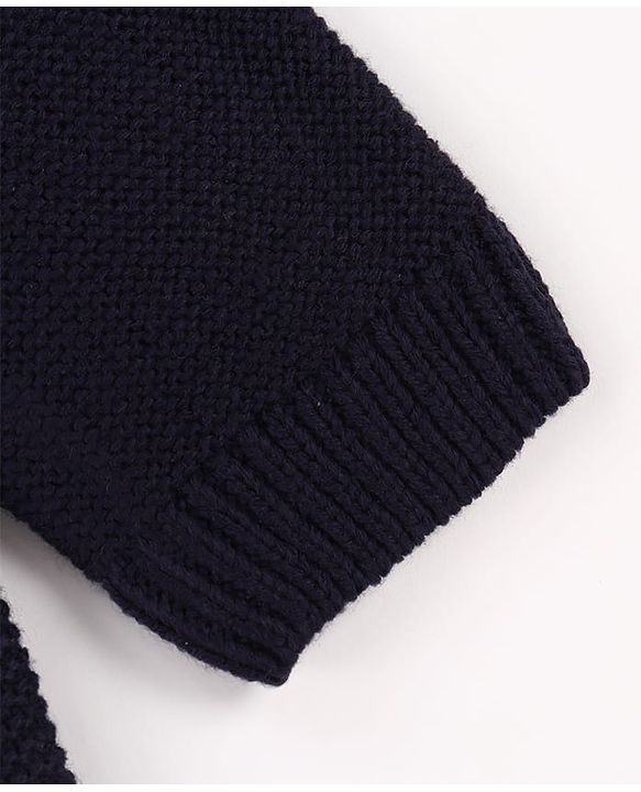Babyhug Knit Full Sleeves Pullover Sweater with Stripe Design & Animal Patch Embroidery - Navy Blue Beige & Blue