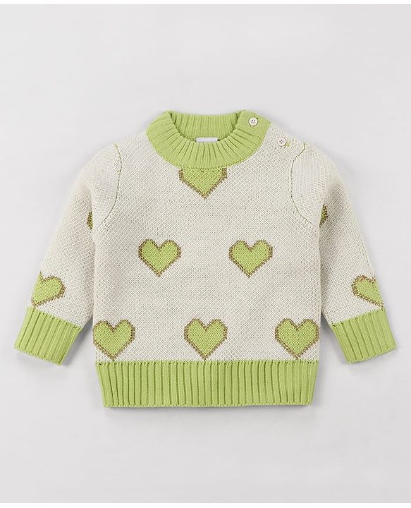 Babyhug Knit Full Sleeves Pullover Turtle Neck Sweater with Heart Design - Off White