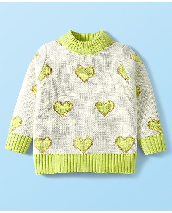 Babyhug Knit Full Sleeves Pullover Turtle Neck Sweater with Heart Design - Off White