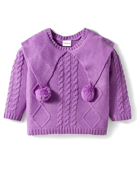 Babyhug Knit Full Sleeves Pullover Sweater with Cable Knit & Pom Pom Design - Dark Pink