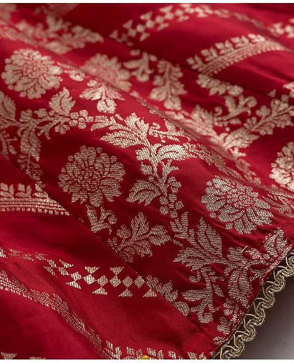 Babyhug Brocade Woven Half Sleeves Choli Lehenga & Dupatta Set With Floral Print - Red