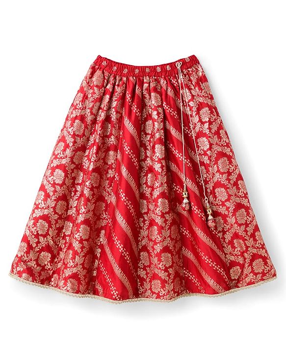 Babyhug Brocade Woven Half Sleeves Choli Lehenga & Dupatta Set With Floral Print - Red