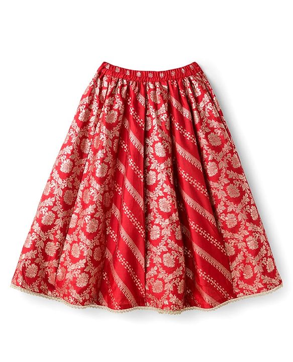 Babyhug Brocade Woven Half Sleeves Choli Lehenga & Dupatta Set With Floral Print - Red