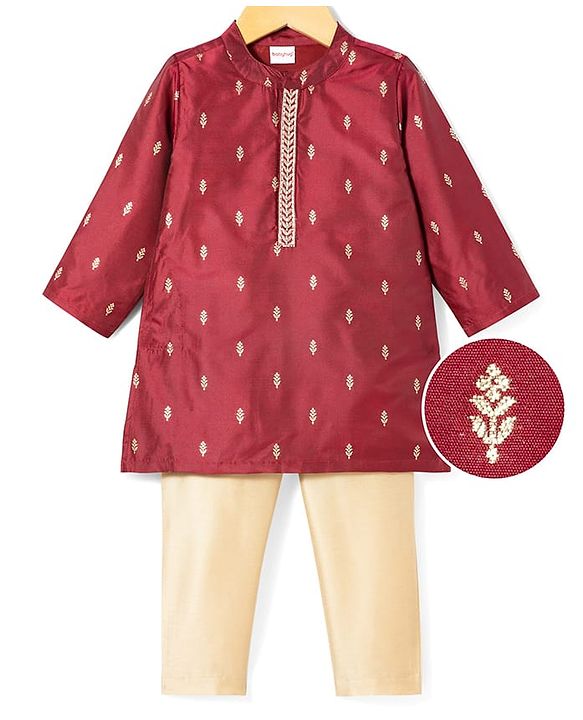 Babyhug Brocade Woven Full Sleeves Kurta Pajama Set With Floral Print - Maroon