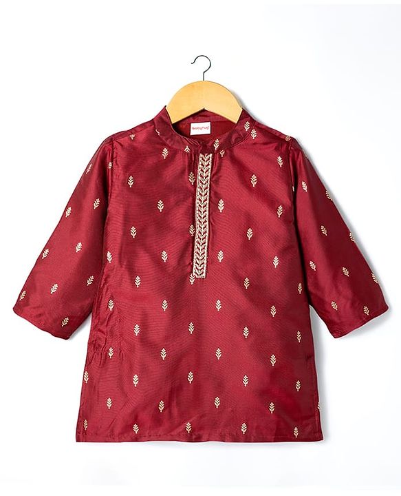 Babyhug Brocade Woven Full Sleeves Kurta Pajama Set With Floral Print - Maroon
