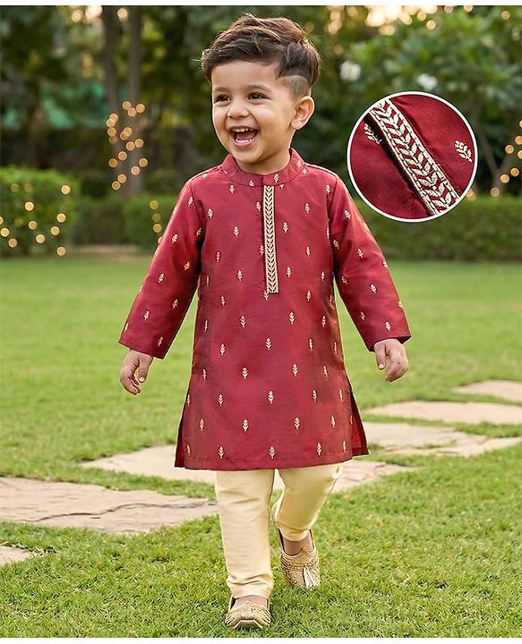 Babyhug Brocade Woven Full Sleeves Kurta Pajama Set With Floral Print - Maroon