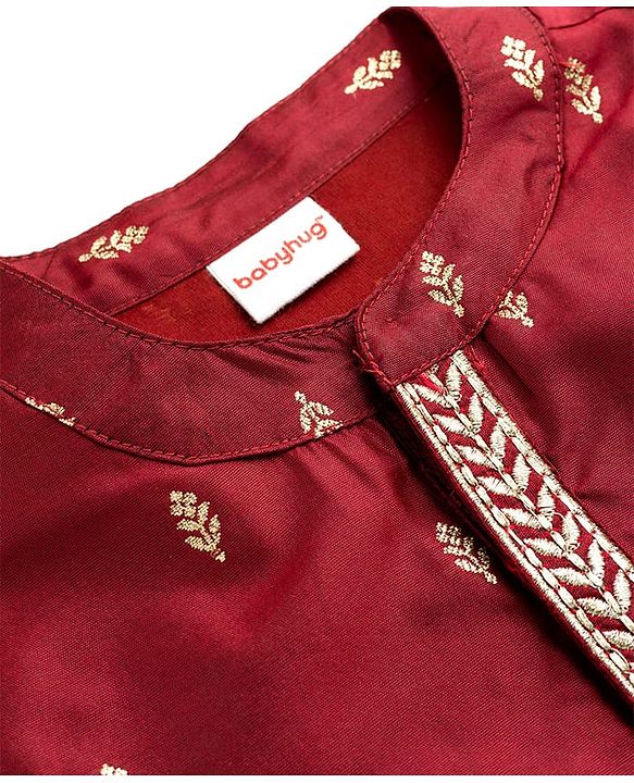 Babyhug Brocade Woven Full Sleeves Kurta Pajama Set With Floral Print - Maroon