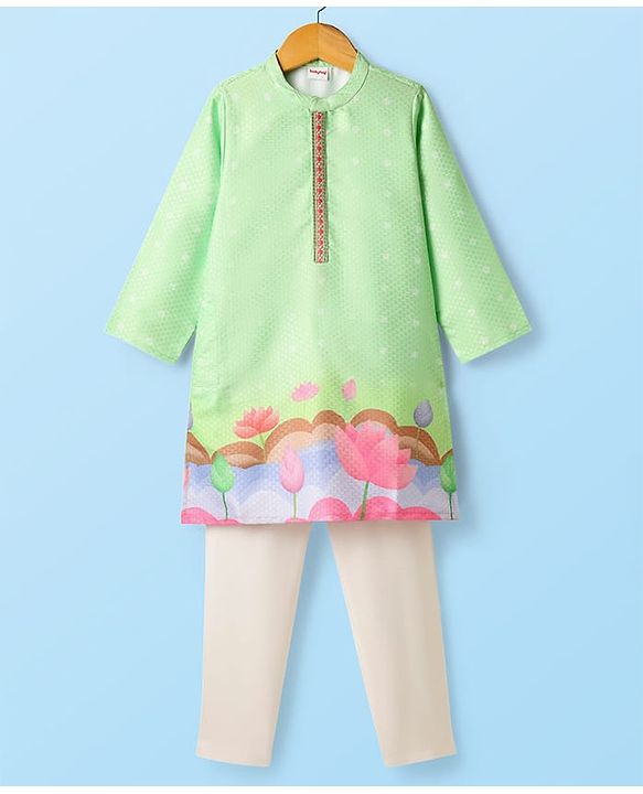 Babyhug Woven Full Sleeves Kurta Pajama Set With Floral Print - Light Green