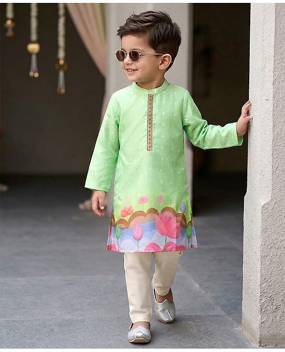 Babyhug Woven Full Sleeves Kurta Pajama Set With Floral Print - Light Green