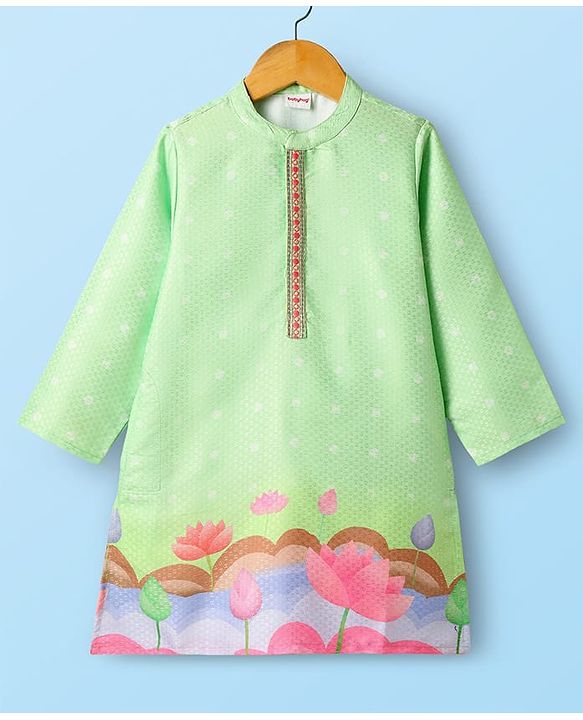 Babyhug Woven Full Sleeves Kurta Pajama Set With Floral Print - Light Green